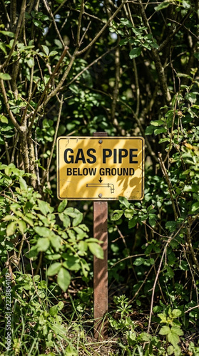 Yellow Gas Pipe Below Ground Warning Sign in Nature Surrounded by Lush Green Foliage