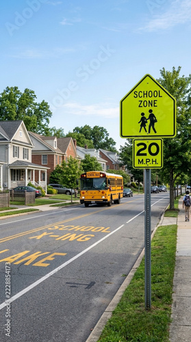 Yellow school bus in a suburban neighborhood with a School Zone 20 MPH sign and pedestrian crossing marking