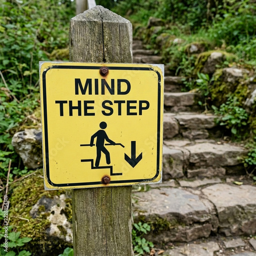 Yellow Mind the Step Warning Sign on Wooden Post Next to Stone Staircase in Forest