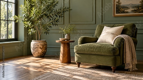Sunlit Wooden Floor with Sage Wall Panels and a Green Armchair Beside a Tall ...