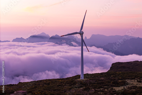 Fotografie Wind turbines generating electricity in mountain in Madeira island, clean energy