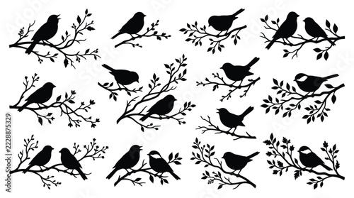 A grouping of black bird silhouettes shows various small songbirds resting peacefully on the slender branches of trees on a white backdrop