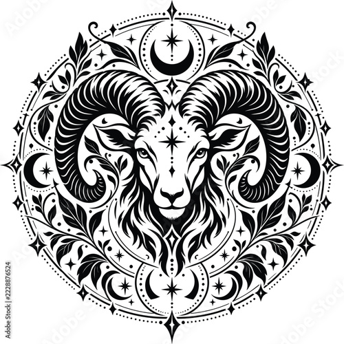 Ornamental Aries Ram Head with Crescent Moons and Stars, Black and White Celestial Zodiac Mandala Illustration