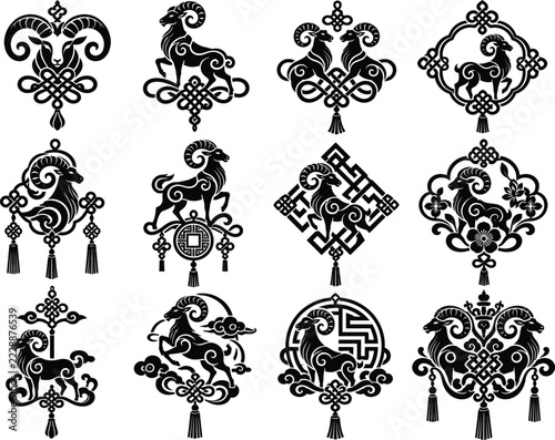 Chinese Zodiac Goat and Ram Decorative Knot Ornaments with Hanging Tassels, Black and White Lunar New Year Clipart Set