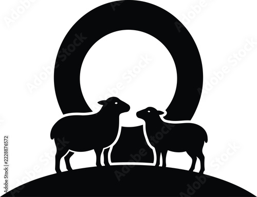 Two Sheep Facing Each Other on a Hill with Circular Sun Halo, Minimalist Black and White Silhouette Illustration