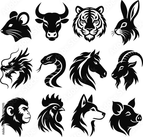 12 Chinese Zodiac Animal Head Silhouettes, Black and White Stylized Horoscope Symbols and Clipart Collection