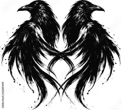 Two Black Ravens Forming a Heart Shape, Symmetrical Gothic Bird Illustration with Dramatic Ink Brush Wings