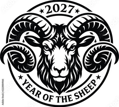 2027 Year of the Sheep Chinese Zodiac Ram Head Emblem with Ornate Curved Horns, Black and White Circular Badge Illustration