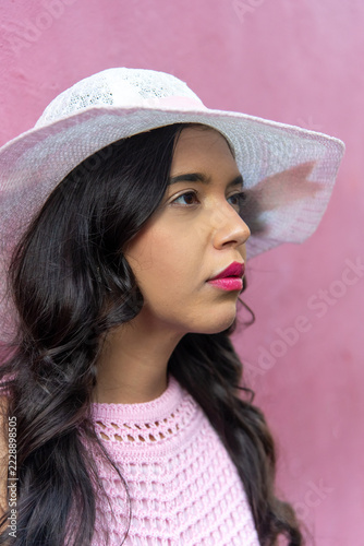 Portrait of a Woman with a Hat and Pink Dress