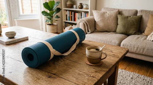 Yoga mat and coffee on wooden table cozy living room background relaxation and wellness concept
