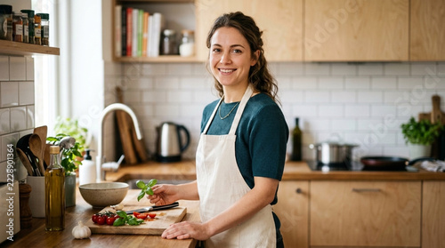 Young Woman Smiling While Preparing Healthy Food in a Modern Kitchen Cooking Fresh Ingredients