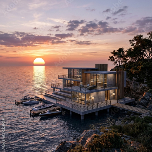Modern Luxury Waterfront Villa with Yachts at Sunset
