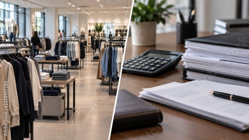 Split screen showing a modern clothing store and financial paperwork with a calculator, representing retail business management and accounting