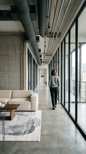 Woman walking down modern loft hallway with concrete walls and large windows contemporary interior design