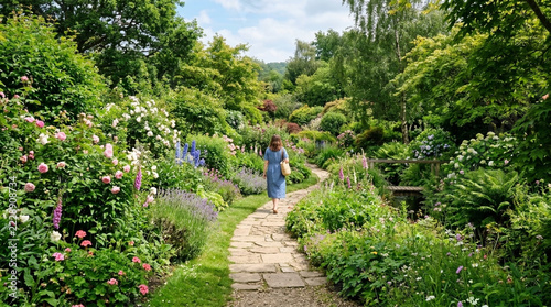 Woman strolling on stone path through lush vibrant English country garden overflowing with flowers and greenery