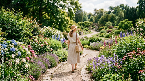 Woman walking on path through blooming botanical garden in summer