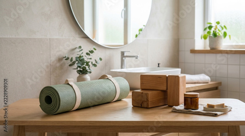 Yoga mat and blocks on wooden table in bright bathroom home wellness and self care
