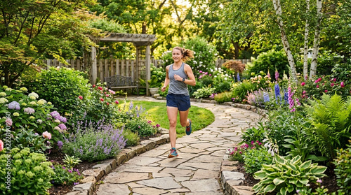 Young Woman Jogging on Stone Path in Lush Summer Garden Surrounded by Flowers and Greenery