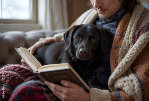portrait of  man reading book with his chocolate labrador. lifestyle concept. Ai generated