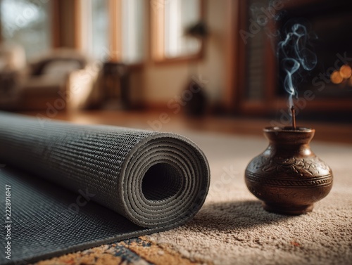 A mat is unrolled in a cozy corner. Sandalwood incense is burning nearby, filling the air with its warm scent. This setting invites relaxation and comfort