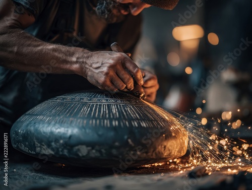An artisan works on a handpan using tools in a workshop. Sparks fly as he carves patterns into the metal surface. The setting shows various tools and materials