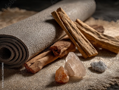 Yoga mat lies next to sandalwood sticks and various crystals on a soft fabric surface in a setting designed for yoga practice at a studio