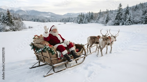 Man dressed as santa claus waving from a sleigh in snowy landscape