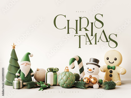 Green Santa Claus with Christmas decoration and text on beige background. Christmas greeting card design. 3D Rendering, 3D Illustration