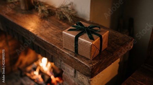 Cozy Christmas Gift Box With Green Ribbon On Wooden Mantlepiece Above Fireplace