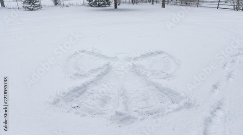 Snow angel imprint in fresh snow with trees and fence in background during winter snowfall