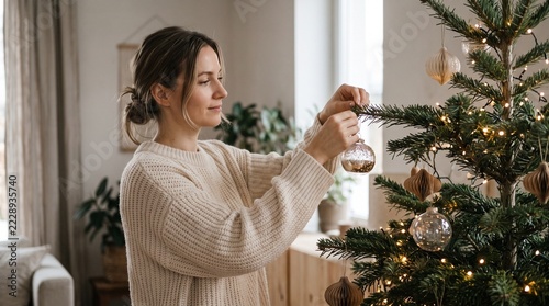Woman Decorating Christmas Tree with Ornaments and Lights Indoors Cozy Home Scene