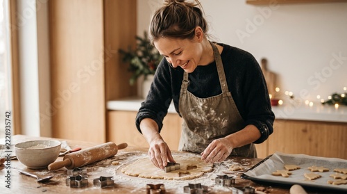 Woman happily baking Christmas cookies using star shaped cutters in a cozy kitchen setting