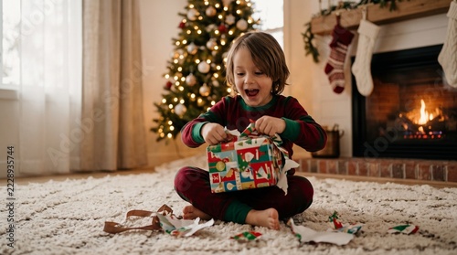 Excited young boy in pajamas opening a Christmas present by a cozy fireplace and decorated tree