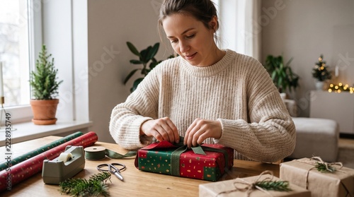 Woman wrapping Christmas presents with festive paper and ribbon at a wooden table