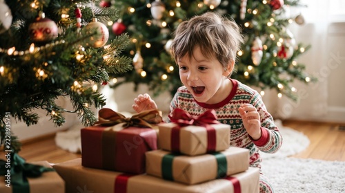 Excited young boy in pajamas opening Christmas presents near a decorated tree