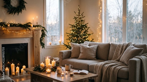 Cozy Christmas Living Room Scene with Decorated Fireplace and Tree