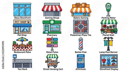 Fotografie A set of colorful cartoon vector icons featuring various retail storefronts, street elements, and urban shop features