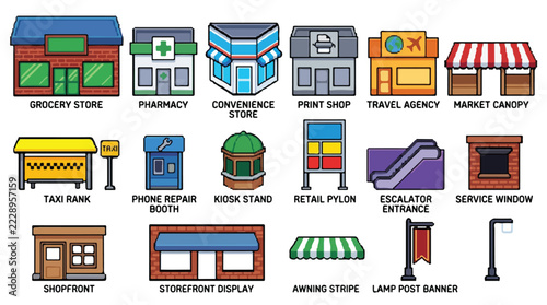 Obraz na plátně A collection of colorful cartoon vector icons depicting various storefronts, urban kiosks, and retail business buildings