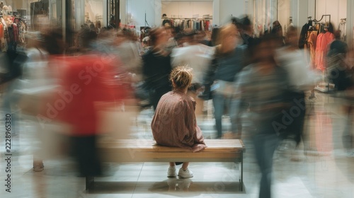 Medium shot of a person momentarily sitting on a bench inside a store surrounded by blurred shoppers coping with longCOVID dysautonomia symptoms like vertigo.
