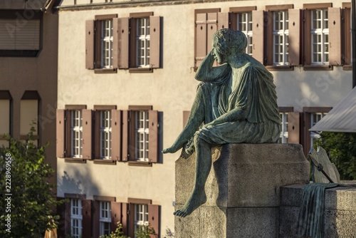 The Helvetia sculpture on its journey at the Mittlere Brücke in Basel, Switzerland