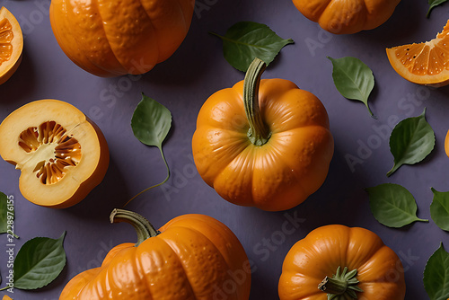 A high-detail photorealistic seamless pattern featuring numerous small real pumpkin cubes, bite-sized chunks, miniature wedges and thin curved pumpkin slices