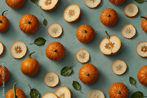 A clean, highly photorealistic seamless pattern showing many fresh pumpkin cuts on a light pastel vanilla background