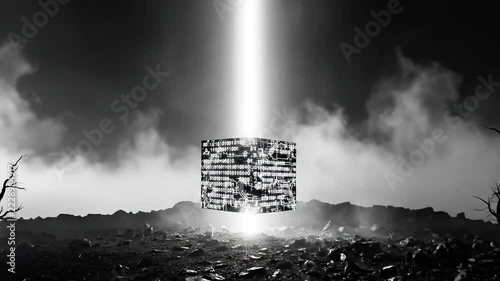 Glowing cube floating over a dark desolate landscape at night