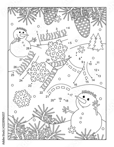 Cute cheerful snowmen found two lost cozy socks in the winter forest. Dot-to-dot activity sheet and coloring page. Educational game for children.
