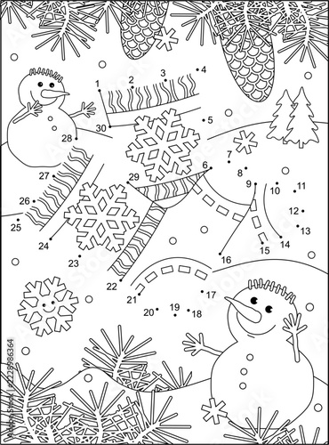 Cute cheerful snowmen found two lost cozy socks in the winter forest. Dot-to-dot activity sheet and coloring page. Educational game for children.
