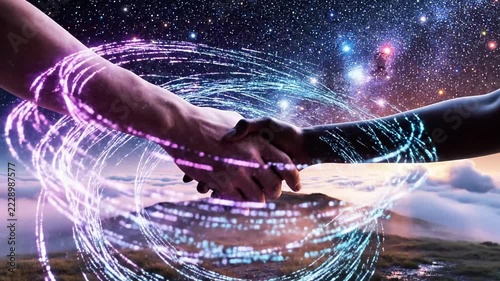 Robotic hand and human hand reaching out in space.