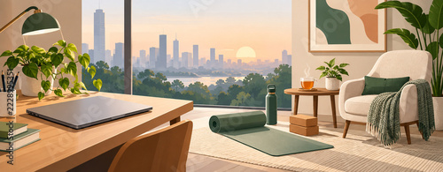 Stress Recovery Routine Workday Decompression Objects with Laptop Yoga Mat Tea and Chair for Corporate Wellness