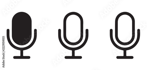 Microphone outline icons in black flat vector style for professional audio recording and voice transmission.