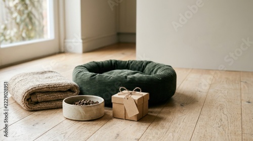 Green corduroy pet bed with food bowl and gift box
