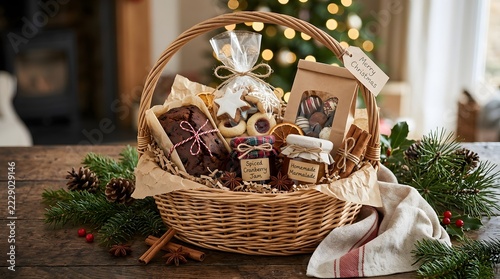 Festive Christmas Gift Hamper in a Woven Basket Filled with Gourmet Foods, Homemade Holiday Treats, Seasonal Decorations and Thoughtful Edible Presents
